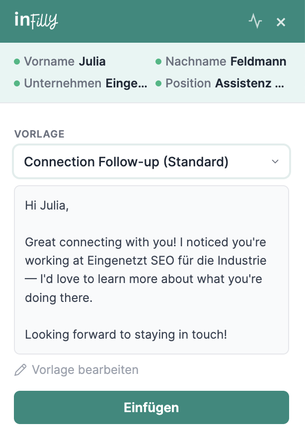 InFilly sidebar on LinkedIn — template selected, autofill applied