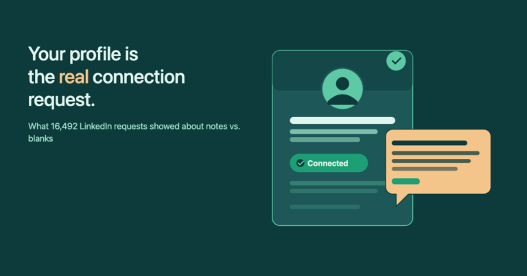 LinkedIn connection request — illustration of a profile card with an accepted handshake and a chat bubble showing a welcome message