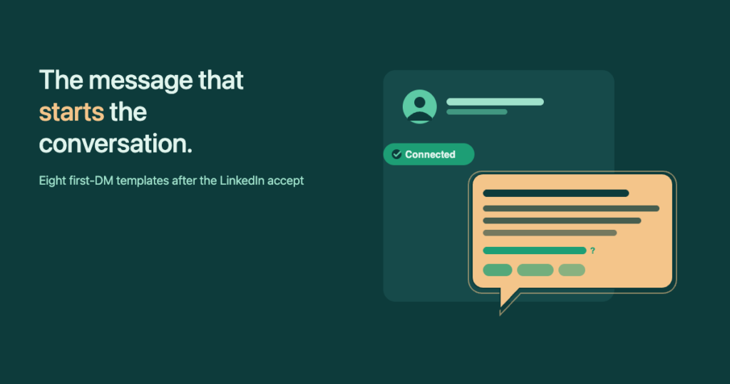 LinkedIn first message after connecting — illustration of an accepted handshake icon with a chat bubble showing a short welcome message