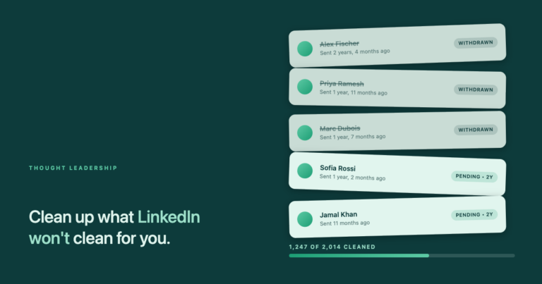 Illustration of a stack of LinkedIn connection-request cards, some fading with a "withdrawn" diagonal line, over a progress bar — the pending-request cleanup metaphor